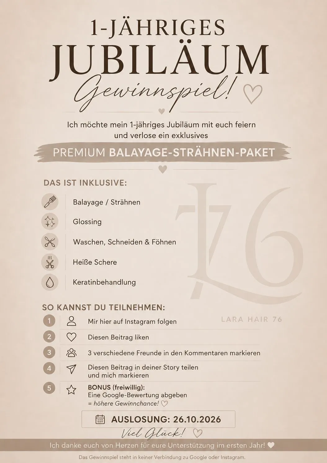 1-jähriges Jubiläum von Lara Hair 76 mit Gewinnspiel für ein Premium Balayage- und Strähnen-Paket