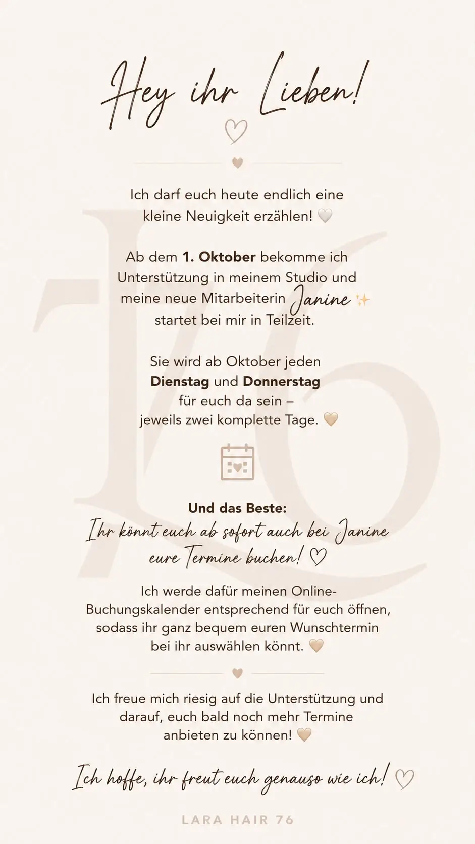 Neue Mitarbeiterin Janine unterstützt das Friseurteam von Lara Hair 76 in Jünkerath ab Oktober